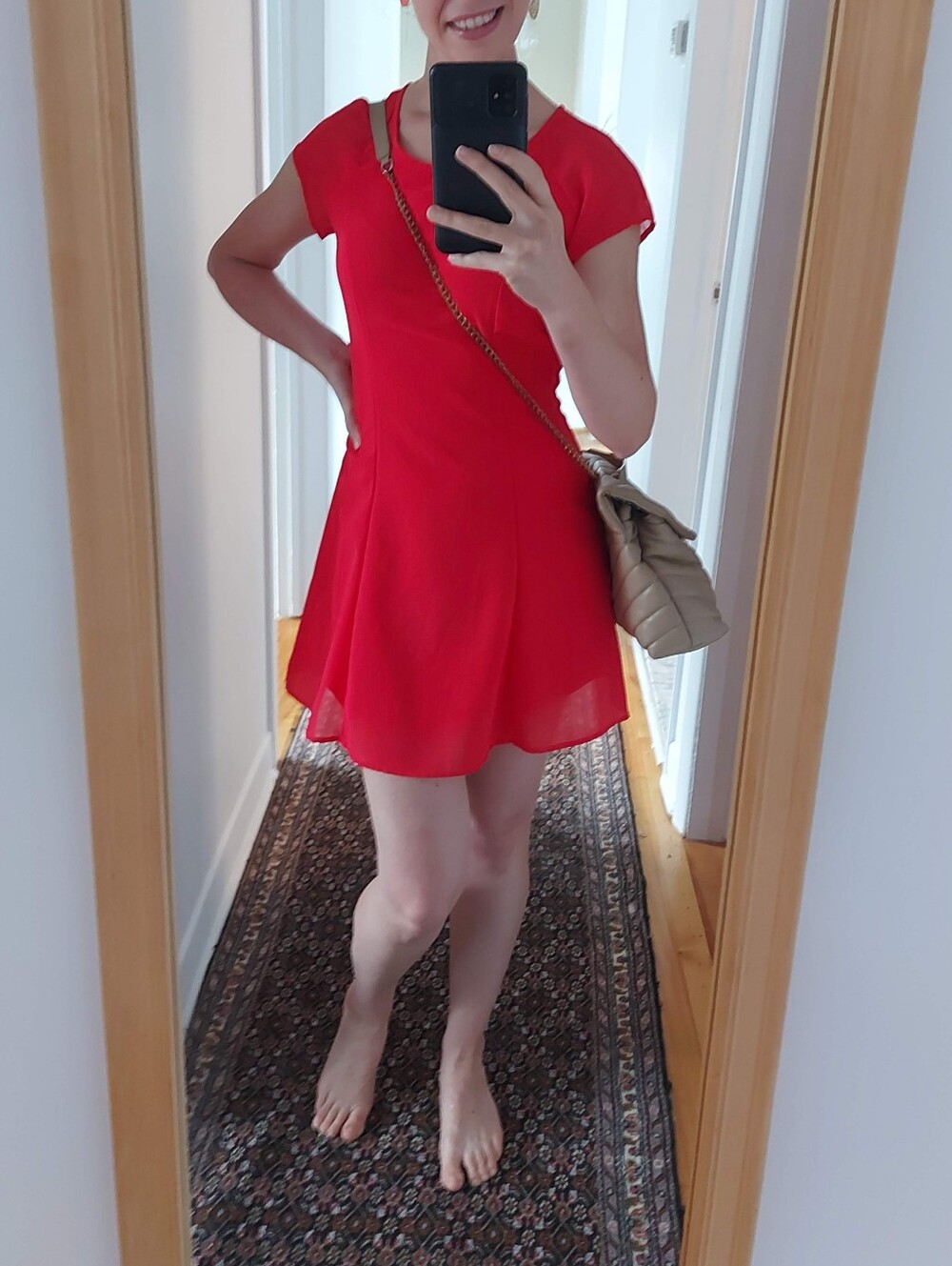 Bright Red Short Sleeve Sheen Dress